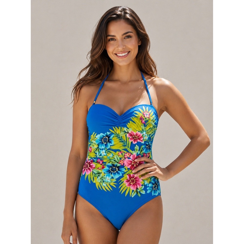 NEW Bleu Rod Beattie Swim Blue Tropical One Piece Removable Strap Sz 18 Women's